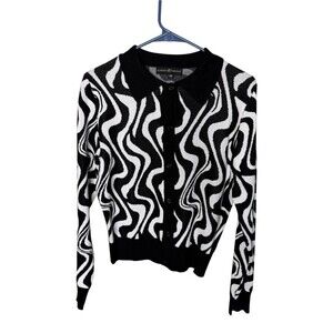 Almost Famous Black White Swirl Knit Polo Cardigan Sweater Size M Medium Retro